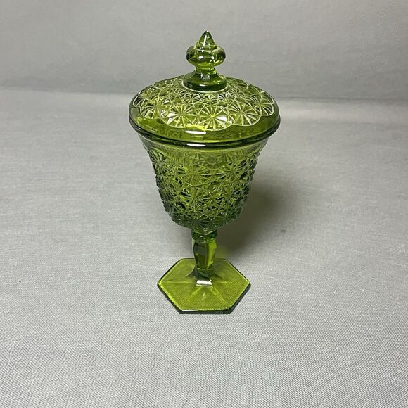 Vintage L.E. Smith Green Glass Candy Dish w/Lid Daisy And Button Footed Compote - Picture 8 of 10